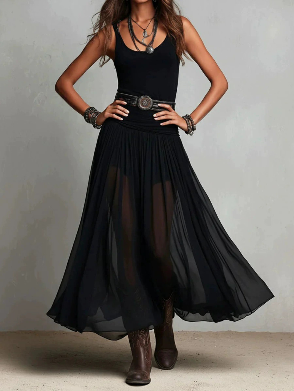 ZARA Black Mesh Maxi Slip Dress Vintage Pleated Design Elegant Evening Gown